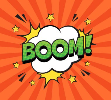Retro komik konuşma balonu turuncu çizgili desen renkli yarı ton gölge ile. İfade metin Boom. Vektör çizim, vintage tasarım, pop sanat tarzı.
