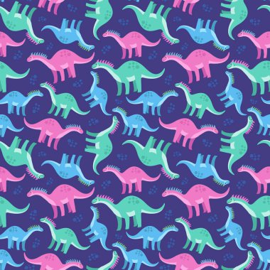 Mavi arka plan üzerinde dinozorlar ile şirin renkli seamless modeli. Çocuklar için parlak arka plan. Vektör çizim için tekstil imalat, dizüstü bilgisayarlar vb