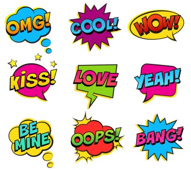 Retro renkli komik konuşma balonları beyaz arka plan üzerinde ayarlayın. İfade metin Bang, Omg, aşk, benim olmak, Evet, Oops, öpücük, Cool, Vay canına. Vektör çizim, pop sanat tarzı.
