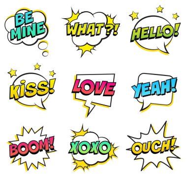 Retro komik konuşma balonları beyaz arka plan üzerinde ayarlayın. Benim, ifade metin ol ne, Evet, öpücük, Merhaba, aşk, Boom, Xoxo, Ah. Vektör çizim, pop sanat tarzı.
