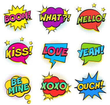Retro renkli komik konuşma balonları yarı ton gölgeler ile beyaz arka plan üzerinde ayarlayın. İfade metin ne, Merhaba, öpücük, aşk, olmak benim Evet, Xoxo, Ah. Vektör çizim, pop sanat tarzı.