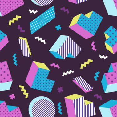 Kesintisiz renkli eski okul geometrik koyu arka plan deseni, memphis tasarım stili. Vektör çizim