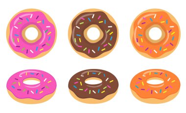 Colorful pink, chocolate, orange glazed donut set on white background. The view from the top and from the side. clipart
