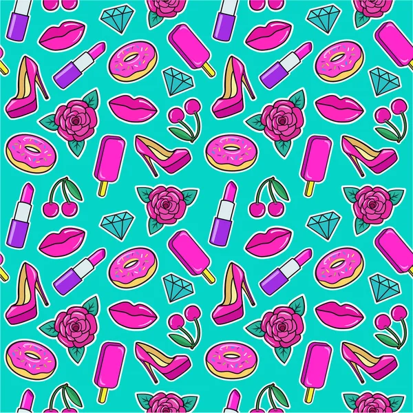 Cute Seamless Pattern Colorful Patches Stickers Ice Cream Cherry Lipstick — 스톡 벡터