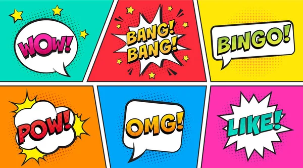 Retro Comic Speech Bubbles Set Colorful Background Expression Text Ouch — 스톡 벡터