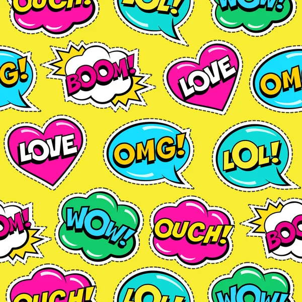 Seamless Colorful Bright Pattern Comic Speech Bubbles Patches Yellow Background — 스톡 벡터