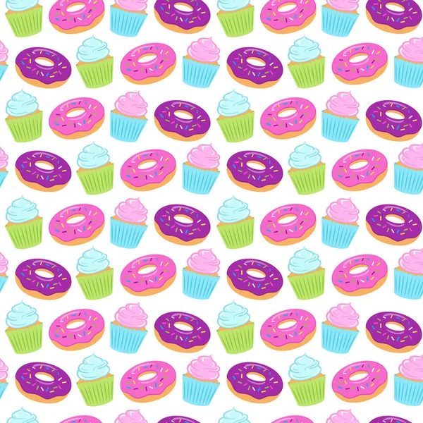 Padrão Colorido Sem Costura Com Donuts Cupcakes Fundo Branco Ilustração —  Vetores de Stock