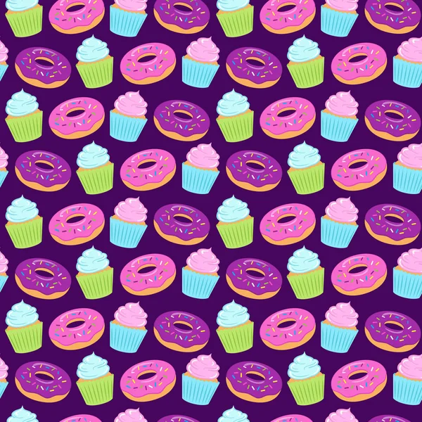 Patrón Colores Sin Costuras Con Rosquillas Cupcakes Ilustración Vectorial — Archivo Imágenes Vectoriales