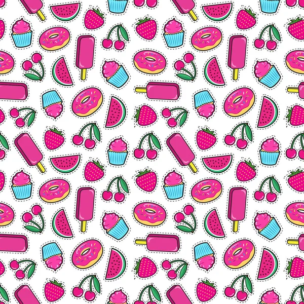 Cute Seamless Pattern Colorful Patches Stickers Ice Cream Cherry Strawberry — Stock Vector