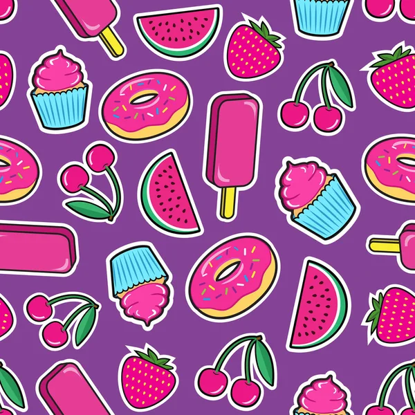 Cute Seamless Pattern Colorful Patches Stickers Ice Cream Cherry Strawberry — Stock Vector