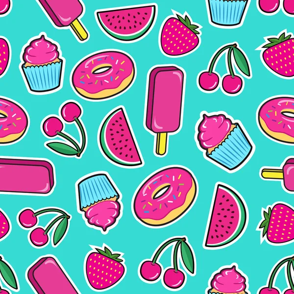 Cute Seamless Pattern Colorful Patches Stickers Ice Cream Cherry Strawberry — Stock Vector