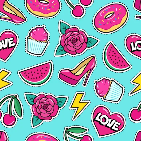 Schattig Naadloze Patroon Met Kleurrijke Patches Stickers Van Rose Bloem — Stockvector