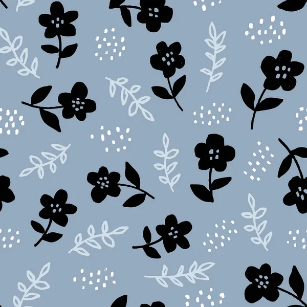 Élégant Motif Floral Sans Couture Avec Des Fleurs Noires Dessinées — Image vectorielle