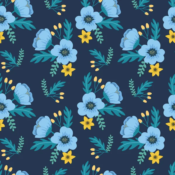 Elegante Kleurrijke Naadloze Bloemmotief Met Blauwe Gele Bloemen Donker Blauwe — Stockvector