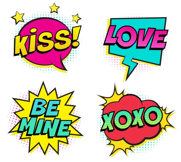 Retro Renkli Komik Konuşma Balonları Sevgililer Günü Için Ayarla Beyaz — Stok Vektör