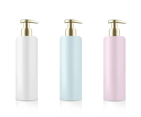 Finto Set Cosmetico Flacone Rosa Blu Bianco Con Dispenser Metallico — Vettoriale Stock