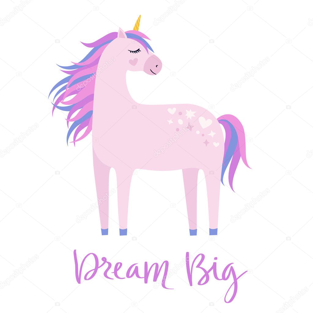 Magic cute pink unicorn on white background. Cartoon style beautiful unicorn for kids stuff, posters, cards etc. Vector illustration
