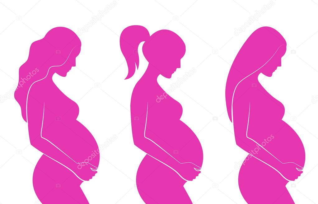 Pink silhouette of pregnant women with different hairstyles: straight hair, curly hair, ponytail. Vector illustration