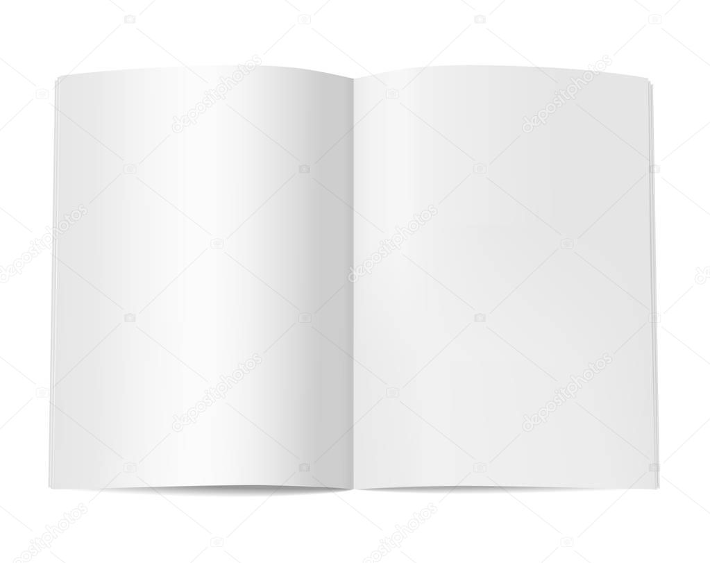 Vertical book booklet or magazine mock up. Template of opened notepad with blank pages isolated on white background. Vector realistic illustration