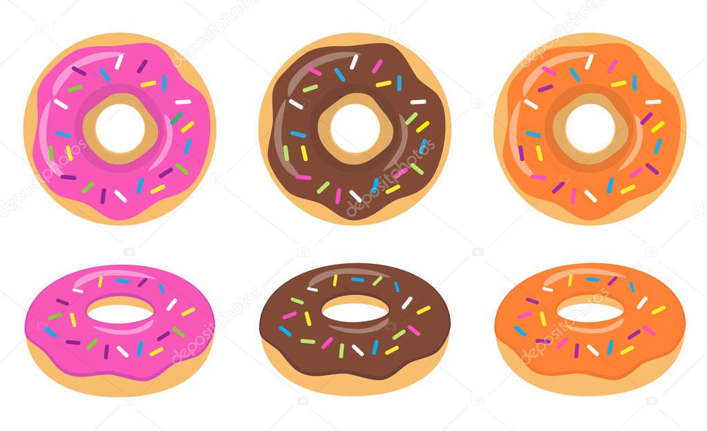 Colorful pink, chocolate, orange glazed donut set on white background. The view from the top and from the side.