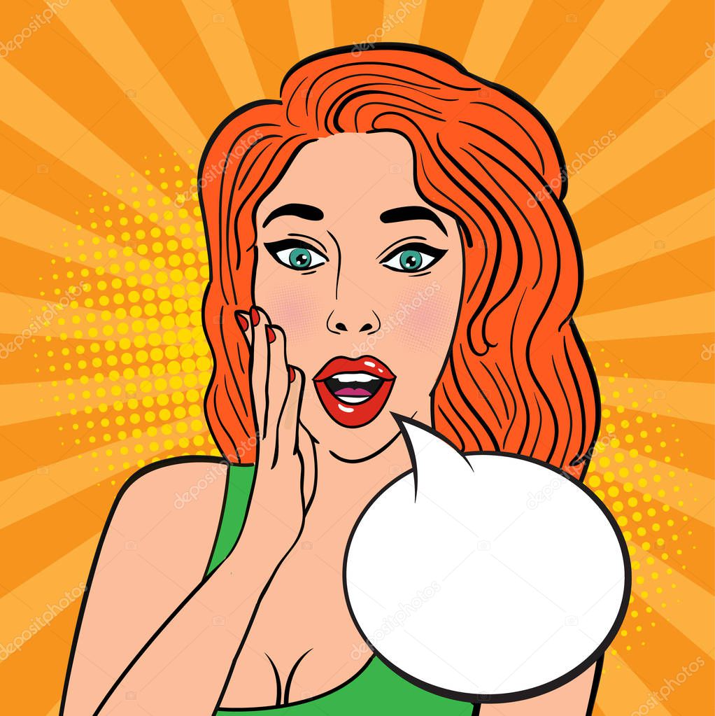 Sexy surprised redhead girl in green dress on striped orange background. Comic speech empty bubble with halftone. Colorful vector illustration, vintage comics design, pop art style back