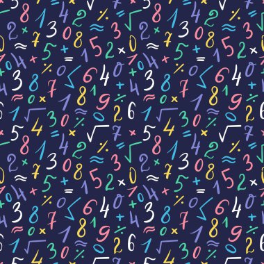 El yazılı koyu mavi arka plan üzerinde renkli sayıları ve sembolleri sorunsuz şirin deseni. Kaligrafi matematik desen. Vektör çizim
