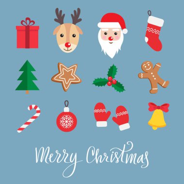 Noel ve yeni yıl simgeleri simge seti. Zencefilli kurabiye adam, Noel Baba, geyik, şeker, Hediyelik, topu Noel ağacı, ökse otu, çorap vs. Neşeli Noel elle çizilmiş yazı. Vektör çizim