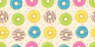 İle sırlı çörekler krem bej renkli arka plan üzerinde renkli sevimli seamless modeli. Vektör çizim