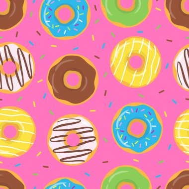 Pembe bir arka plan üzerinde sırlı çörek ile renkli sevimli seamless modeli. Vektör çizim