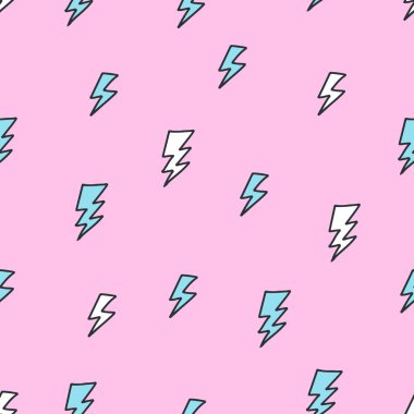 Elle çizilmiş doodle yıldırım öğeleri pembe bir arka plan üzerinde şirin renkli seamless modeli. Vektör çizim