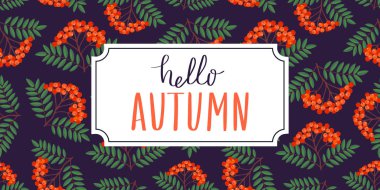 Sonbahar rowan şablonu için tebrik kartı, web afiş vb. Rowan şube tasarlamak çerçeve koyu mavi zemin üzerine. Sonbahar yazı Merhaba. Vektör çizim