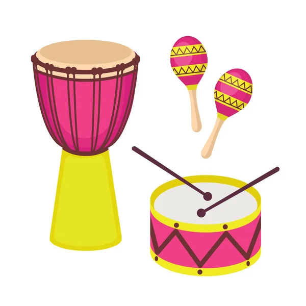 Percussion Musical Instruments Vector Set Djembe Drum Drum Sticks Maracas — Stock Vector