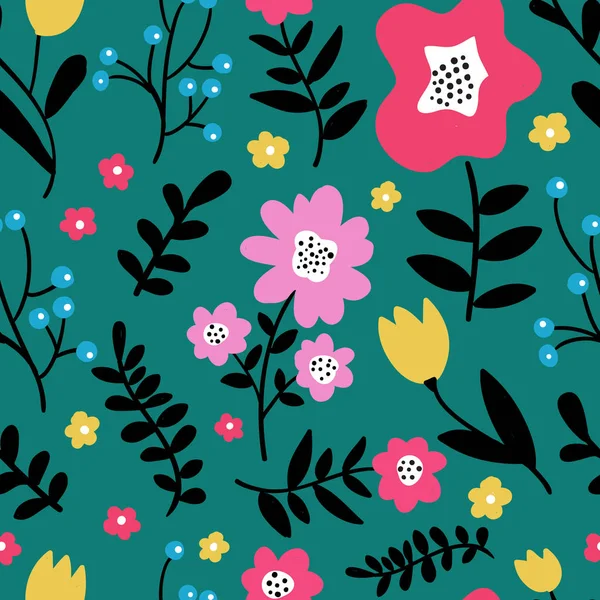 野生の花は濃い緑色の背景にシームレスなカラフルな花模様 シンプルな北欧スタイル ベクトル図 — ストックベクタ