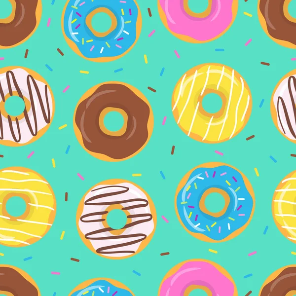 Padrão Sem Costura Bonito Colorido Com Donuts Envidraçados Fundo Verde —  Vetores de Stock