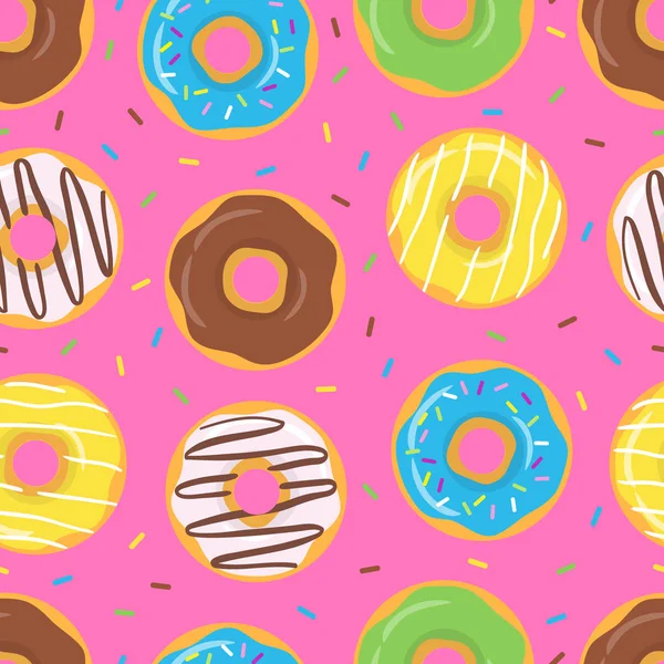 彩色可爱的无缝图案与釉面甜甜圈在粉红色的背景 矢量插图 — 图库矢量图片