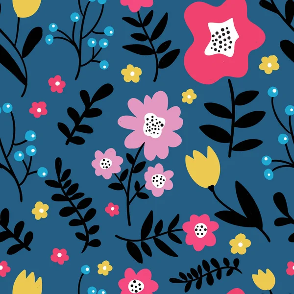 Kır Çiçekleri Koyu Mavi Zemin Üzerine Ile Kesintisiz Renkli Çiçek — Stok Vektör