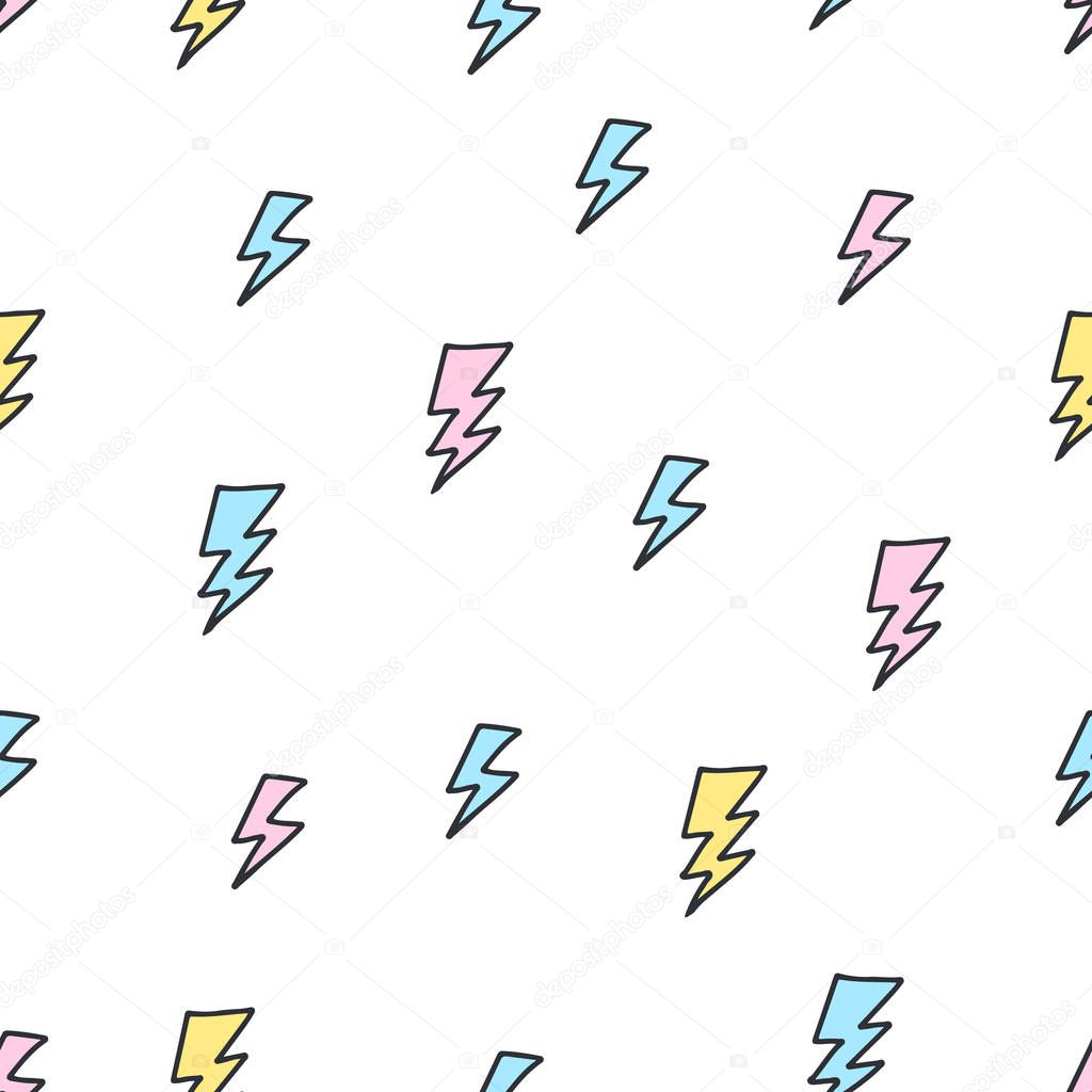 Cute colorful seamless pattern of hand drawn doodle lightning elements on white background. Vector illustration