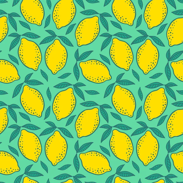 Handgezeichnete Bunte Nahtlose Muster Von Handgezeichneten Zitronen Und Grünen Blättern — Stockvektor