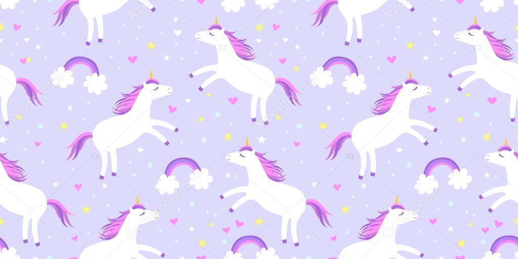 Cute cartoon colorful seamless pattern with white unicorns rainbows and stars on violet background. Perfect for kids textile, wallpaper, wrapping paper etc. Vector illustration