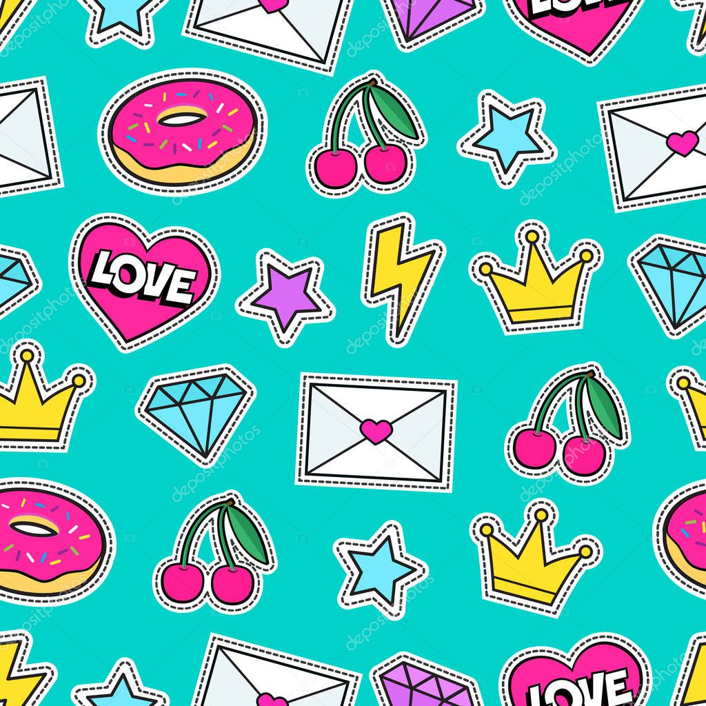 Cute modern girly seamless colorful pattern of fashion patches: crown, diamond, love letter, heart, donut, star, cherry, lightning. Background of cartoon stickers and patches. Vector illustration