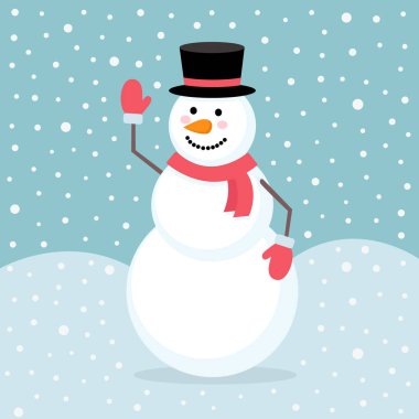 Siyah şapka, kırmızı eşarp ve eldiven kar taneleri ile arka plan üzerinde mutlu sevimli kardan adam. Neşeli Noel tebrik kartı şablonu. Kardan adam vektör çizim