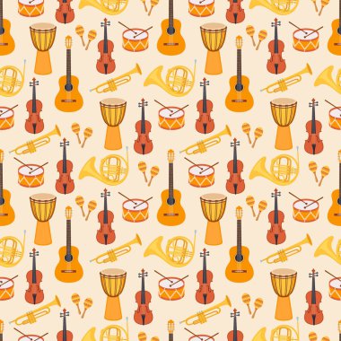 Dikişsiz şık renkli desen sarı zemin üzerine müzik aletleri. Keman, djembe, davul, marakas, gitar, saksafon, boru. Düz stil. Vektör çizim