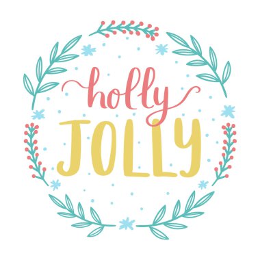 Holly ile çiçek el yazı Jolly öğeleri çizilmiş. Neşeli Noel ve mutlu yeni yıl şirin tebrik kartı şablonu. Vektör çizim