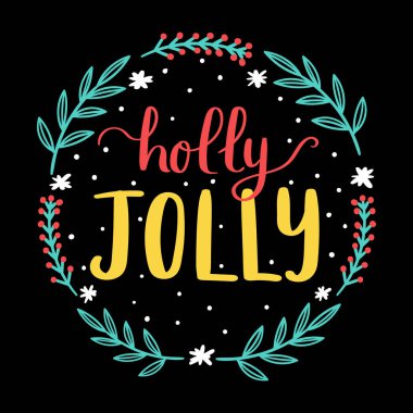 Holly ile çiçek el yazı Jolly öğeleri çizilmiş. Neşeli Noel ve mutlu yeni yıl şirin tebrik kartı şablonu. Vektör çizim