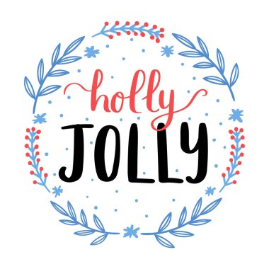 Holly ile çiçek el yazı Jolly öğeleri beyaz arka plan üzerinde çizilmiş. Neşeli Noel ve mutlu yeni yıl şirin tebrik kartı şablonu. Vektör çizim