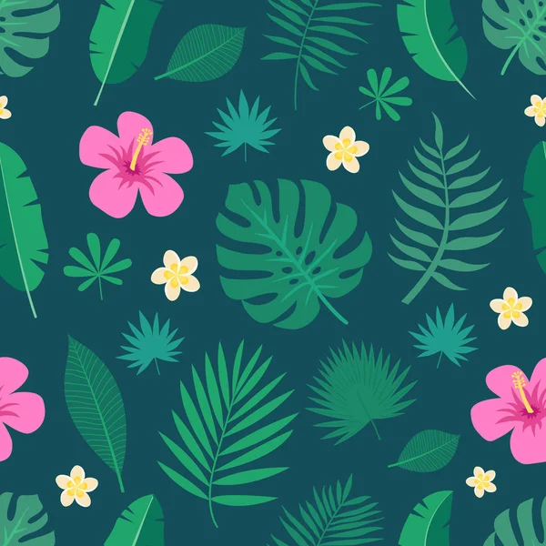 Egzotyczne Bezszwowe Kolorowy Wzór Tropikalnej Dżungli Liści Kwiatów Hibiskusa Ciemnym — Wektor stockowy