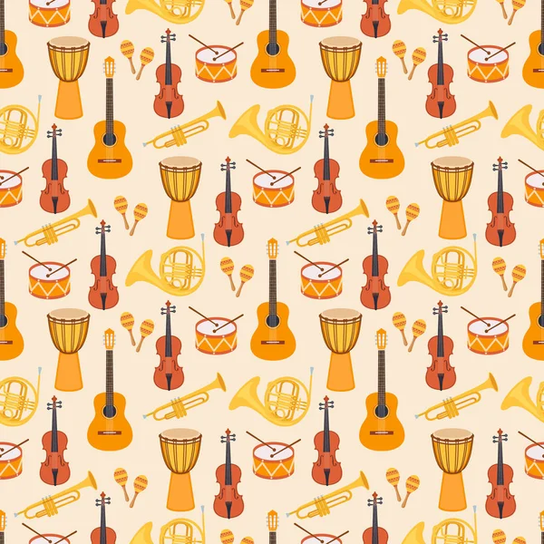 Seamless Stylish Colorful Pattern Musical Instruments Yellow Background Violin Djembe — Stock Vector