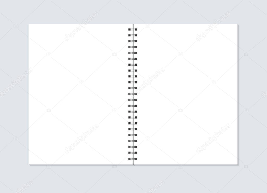 Notebook mock up isolated on gray background. Clean white blank pages, copybook with metal spiral template. Realistic opened notebook vector illustration.