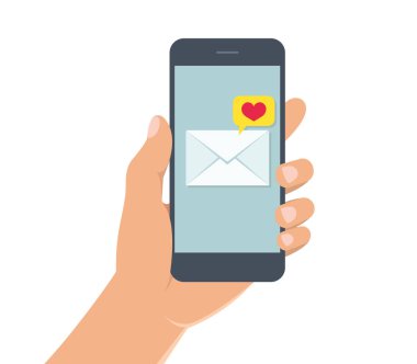 Ekranda aşk mesajı olan akıllı telefonu tutan bir erkek. Beyaz arka planda cep telefonu olan bir el. Vektör illüstrasyonu