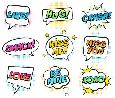 Sevgililer Günü için geçmişe dönük renkli komik konuşma baloncukları ayarlandı. Beyaz arka planda izole edilmiş. İfade mesajı, sarıl, benim ol, şaplak at, seni özledim, seni seviyorum, Xoxo. Vektör illüstrasyonu, pop sanat tarzı.